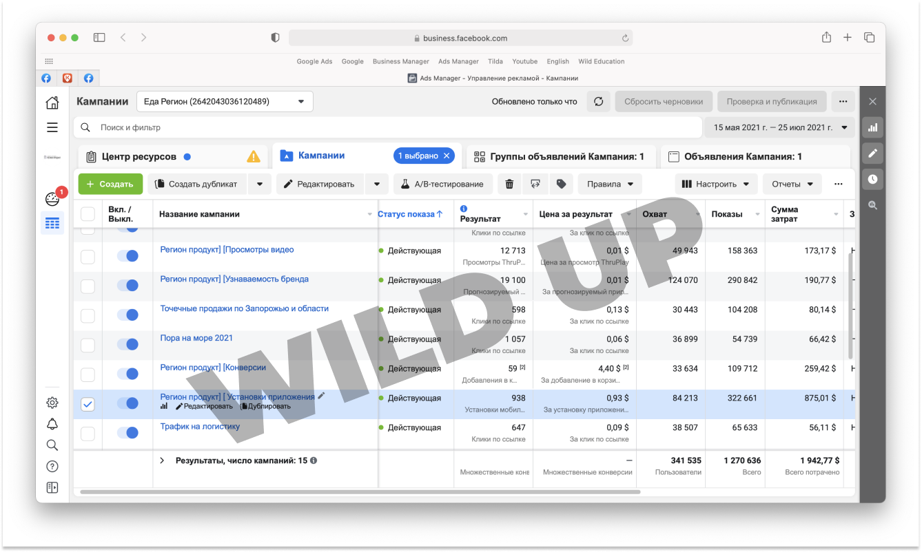 Таблиця кількох рекламних кампаній у Meta Ads Manager